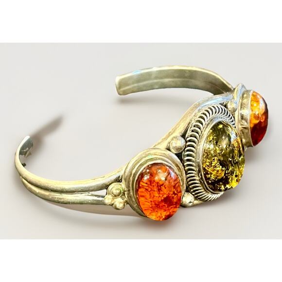 Signed Navajo Sterling Silver Amber Gemstone Cuff Bracelet 925 Native American - Picture 4 of 15